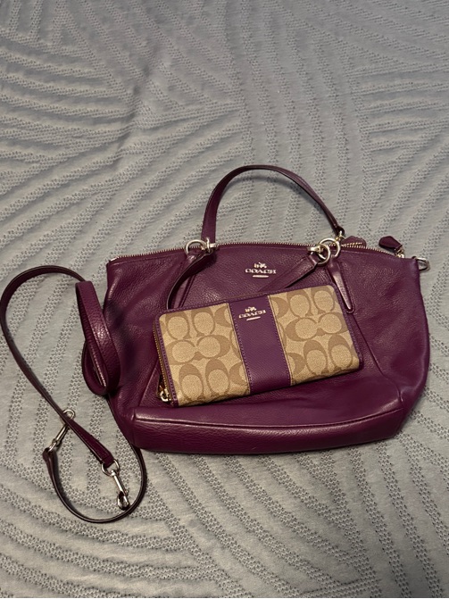 Coach Plum Leather Shoulder Bag With Signature Canvas Wallet